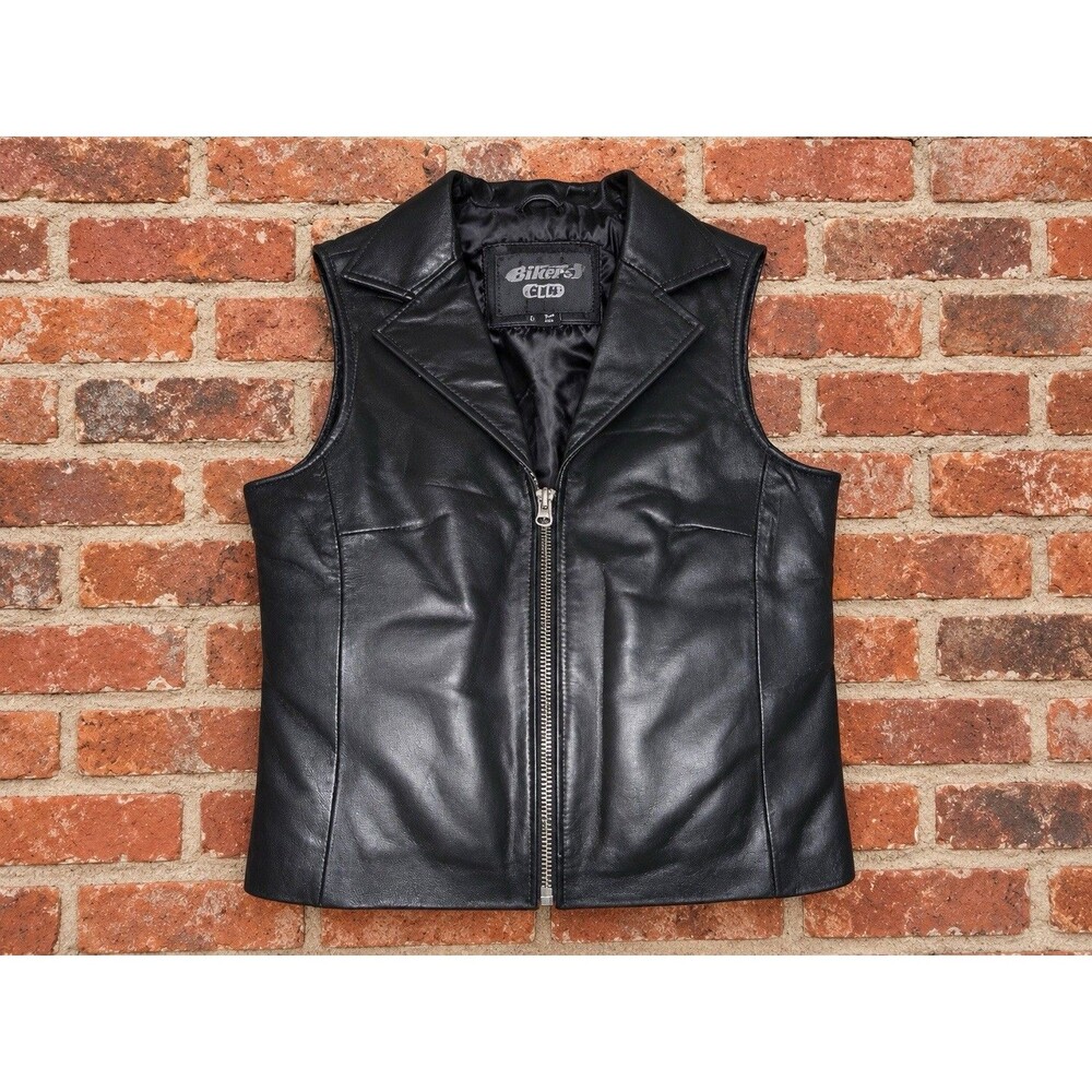 Biker’s Club Women’s Black Genuine Leather Motorcycle Vest Size S Zip Front